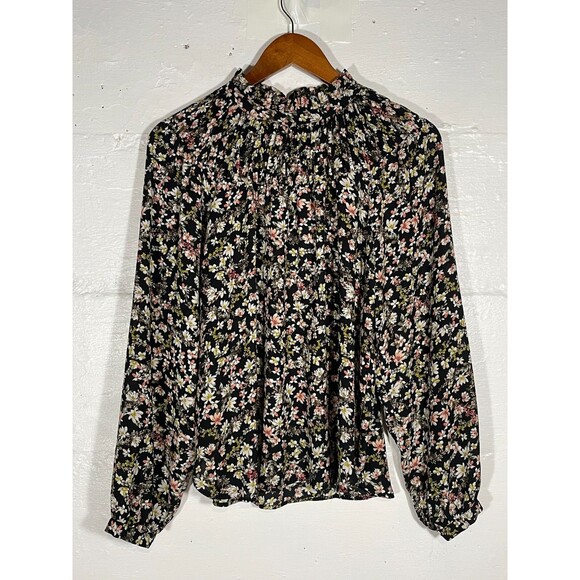 Ann Taylor LOFT Black Floral Ruffle Blouse Size Small Shirred Boho Romantic Top - Picture 2 of 14